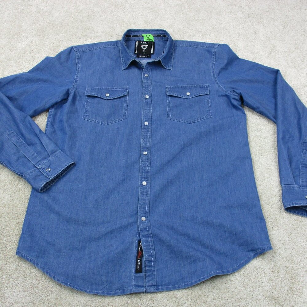 Fried Denim Jean Shirt Adult Large Slim Blue Pearl Snap Western Long Sleeve Mens